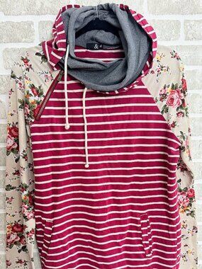 Ampersand Ave Double Hood Hoodie XL Red Stripe Floral Sleeve Sweatshirt